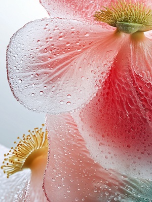 Close-up X-ray, translucence minimalist half watermelon in simple white background full of water drops, Lotus flower and lotus leaf, frosted glass blur covered, multiple exposures, macro photography, soft red, photography by william fang, shot on Hasselblad x2d personalize qwmtejw stylize 700 ar 3:4 v 6