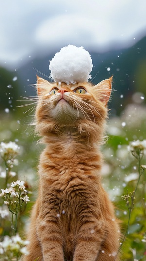 An interesting and imaginative scene, a cute orange cat with a snowball on top of her head, the snowball has begun to melt, and she is overwhelmed with horror, with a secluded valley in the background, all kinds of flowers and plants, fine details, the work of a professional photographer, Canon EOS, photographer Dan · Winters, DSLR lens, wide-angle lens, best quality, masterpiece.ar9:16，v6