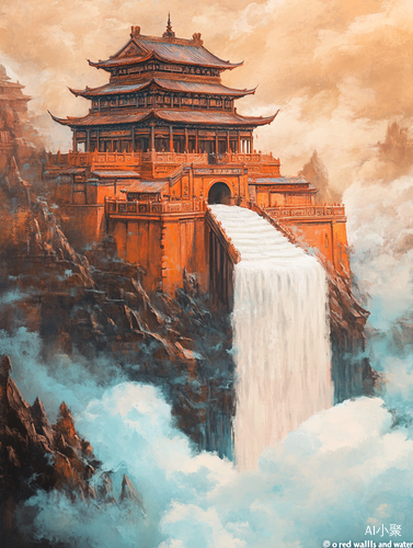 Red Walls and Waterfalls Book Poster Featuring Ancient Chinese Building