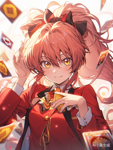 少女棕色马尾辫黄色眼睛魔术服手持卡牌