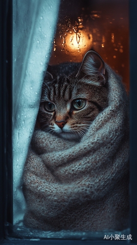 一只猫在窗边毛织包裹中的细腻摄影艺术