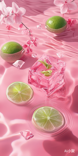 Ice Cube Surrounded by Pink Water and Blooming Crystal Flowers