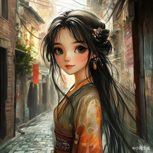 中国女孩在小巷中漫步的大眼睛长发