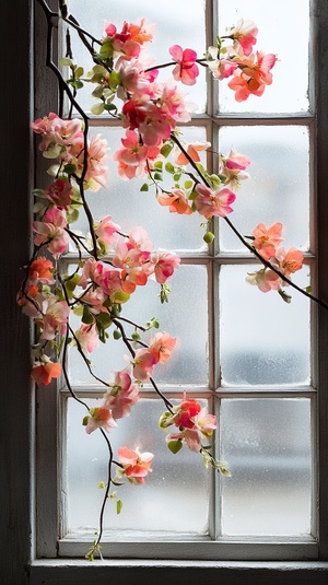 The image features a beautiful branch of flowers that has bloomed and is hanging over a window. The flowers are in full bloom and appear to be colorful and vibrant. The branch of flowers extends from the window and fills the frame, creating a lovely and natural atmosphere in the scene. The flowers are positioned at various points along the branch, creating a visually appealing composition that captures the essence of nature and the beauty of the blooming flowers.