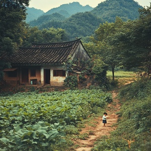 中国农村，家里的老士坯房，门前有一望无际的田地，旁边有小树林，树林边上有一个小男孩在吃东西