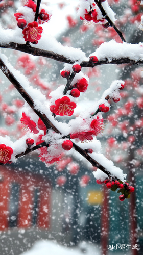 江南小镇梅花树下雪花飘落的冬日美景