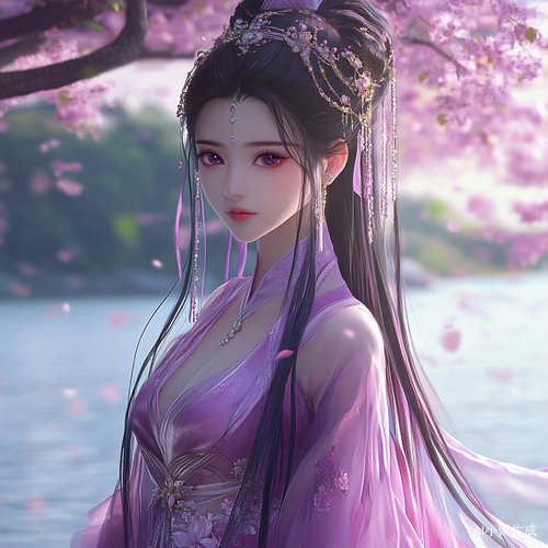 湖边的粉色渐变公主女孩形象