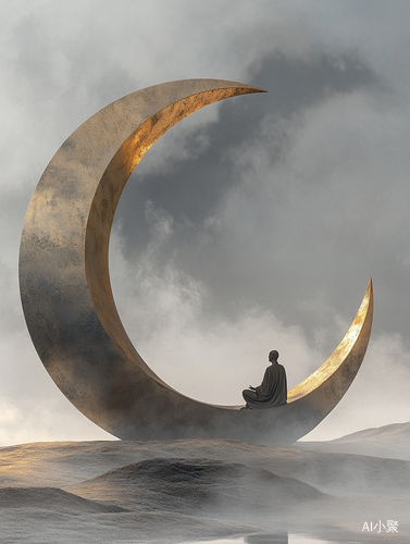 Surreal Minimalism of a Monk Meditating on a Giant Crescent Moon