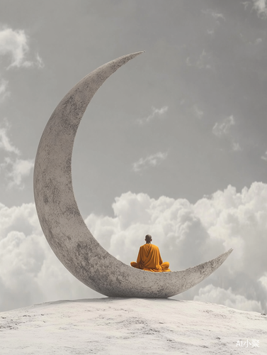 Surreal Minimalism of a Monk Meditating on a Giant Crescent Moon