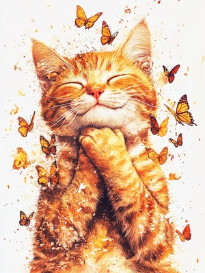 A cute orange cat with folded hands and many small butterflies fluttering around it, detailed background elements, Eastman colored ink on white paper, its face seems to be melting into an infinite butterfly pattern. Fine Detail, Realism, Best Quality, Ambient Lighting, High Detail, Professional Photographer Lens, Nikon D6, Cinematographer Dan Winters, Pinnacle of Cinematography Skills, Cinematography Style, Masterpiece，ar3∶4，v6