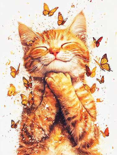 Melting Face of a Cat Surrounded by Butterflies in an Artistic Masterpiece