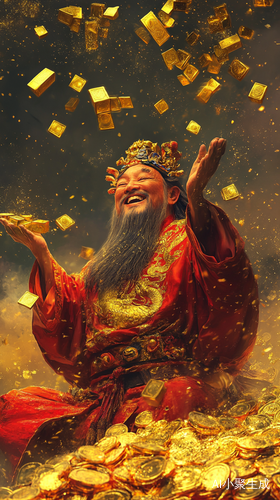 天空中降落的金元宝与微笑的财神爷