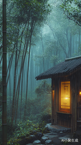 静谧竹林中的小屋与雨后茶香