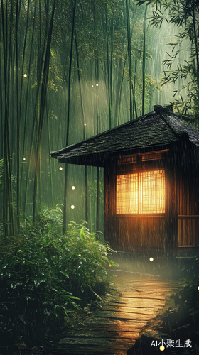 静谧竹林中的小屋与雨后茶香