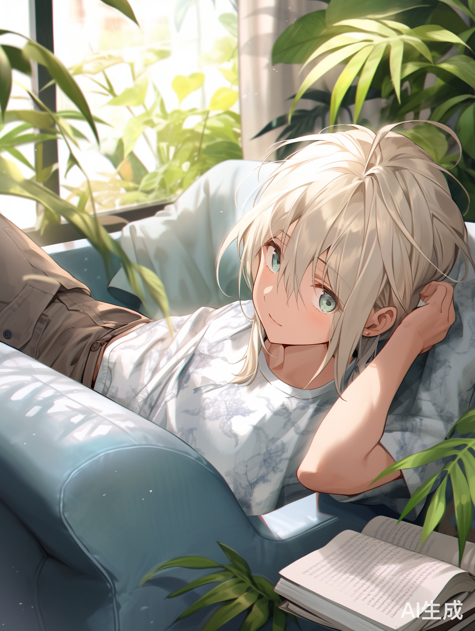 可爱短发女孩在绿色沙发上阅读杂志的轻松下午