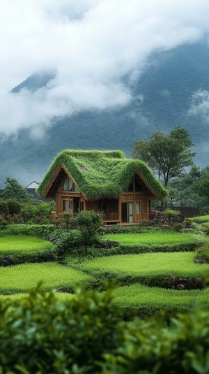 山水如画的美，白云飘逸，阳光洒向山间，泉水流敞，绝美的风景，草屋伫立，旅游的好地方。宫崎骏风