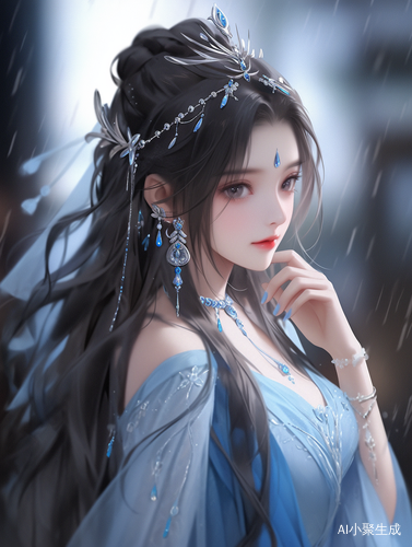 现代中国蓝色短裙美女长发女孩柔光氛围感