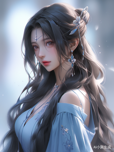 现代中国蓝色短裙美女长发女孩柔光氛围感