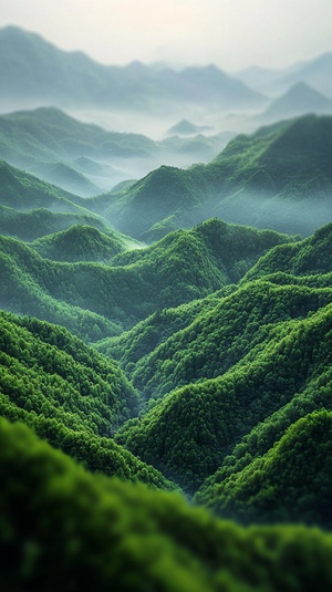 青山连绵，峰峦叠嶂，青葱的树木覆盖其上，郁郁葱葱。山间雾气缭绕，仿若仙境，给山峰增添了几分神秘。