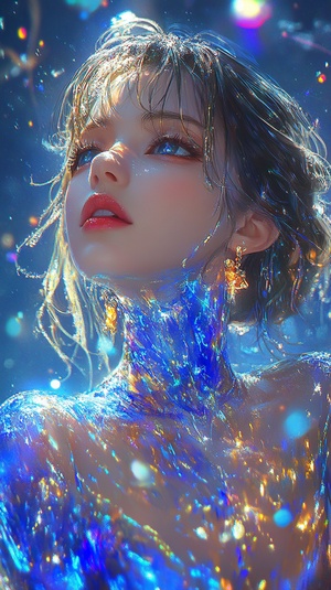 Front view, Beautiful and cool 20-year-old girl wearing super fashionable iridescent blue and Golden suit, midrange portrait, Heart to heart movements, bright and simple surreal background, surreal character, fair face, author:Hajime Sorayama, Tetsuo Hara, Yuki Kamei,Makoto Shinkai, Studio Ghibli, Nikon D850, 32K ar 9:16 style raw stylize 750 niji 6