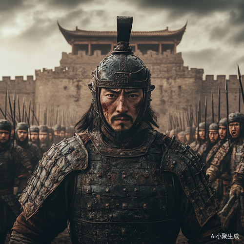 汉朝骑兵惊恐望前守护城墙的超现实场景