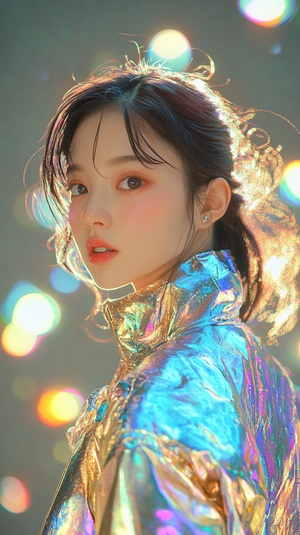 Front view, Beautiful and cool 20-year-old girl wearing super fashionable iridescent blue and Golden suit, midrange portrait, Heart to heart movements, bright and simple surreal background, surreal character, fair face, author:Hajime Sorayama, Tetsuo Hara, Yuki Kamei,Makoto Shinkai, Studio Ghibli, Nikon D850, 32K ar 9:16 style raw stylize 750 niji 6