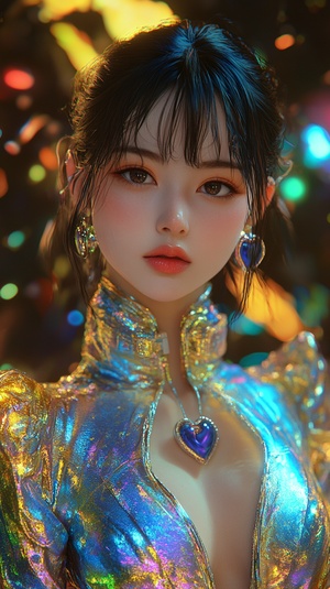 Front view, Beautiful and cool 20-year-old girl wearing super fashionable iridescent blue and Golden suit, midrange portrait, Heart to heart movements, bright and simple surreal background, surreal character, fair face, author:Hajime Sorayama, Tetsuo Hara, Yuki Kamei,Makoto Shinkai, Studio Ghibli, Nikon D850, 32K ar 9:16 style raw stylize 750 niji 6