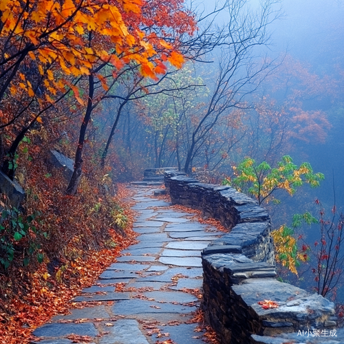 蜿蜒石头小路通向云雾缭绕的山峰与火红枫叶