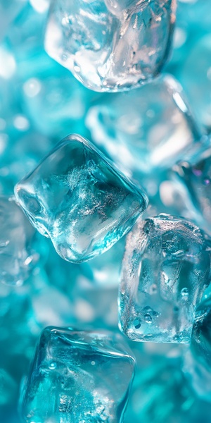 A close-up of ice cubes, each piece reflecting the sparkling light in shades of turquoise and blue. The background is a soft gradient from pale aquamarine to vibrant azure, creating an ethereal atmosphere that enhances the coolness of the ice. This scene captures the serene beauty of fresh water, evoking feelings of tranquility and freshness.