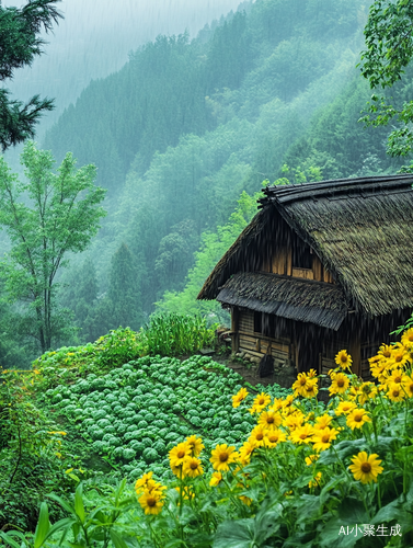 山林中的美丽木匠小屋与菜园的梦幻风景