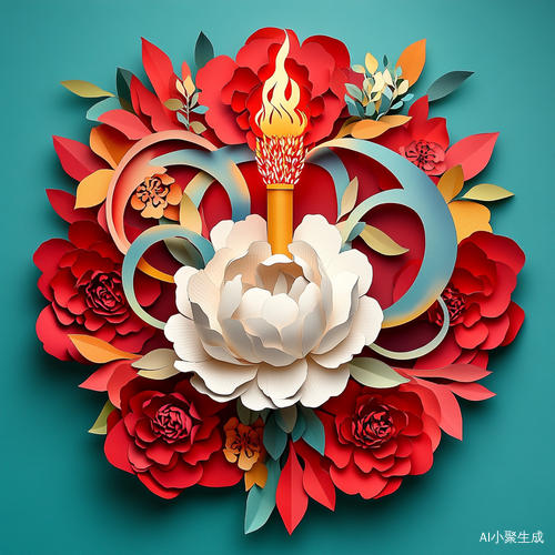 奥运主题剪纸艺术五环与火炬牡丹花的对称美