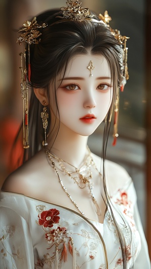 Ancient costume beautiful woman in the style of Chinese style, gold jewelry earrings and necklace with long hair in an updo hairstyle, white dress decorated with red flowers, exquisite facial features, bright eyes, perfect face details, perfect figure, delicate skin texture, red lips, blurred background of a Chinese palace hall, fairyland atmosphere, anime illustration style, high definition photography, super detailed.