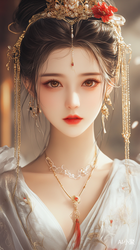 Ancient Chinese Style Beautiful Woman in Exquisite Dress and Jewelry