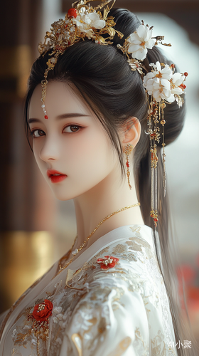 Ancient Chinese Style Beautiful Woman in Exquisite Dress and Jewelry