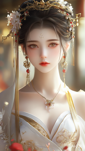 Ancient Chinese Style Beautiful Woman in Exquisite Dress and Jewelry