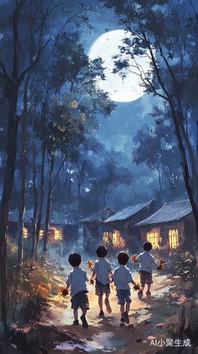 月光下的快乐小男孩与乡村小树林的静谧之夜