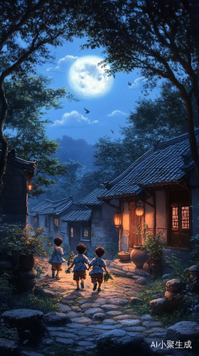 月光下的快乐小男孩与乡村小树林的静谧之夜