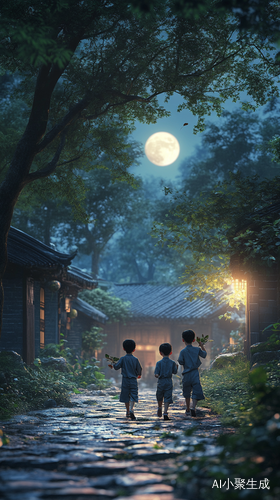 月光下的快乐小男孩与乡村小树林的静谧之夜