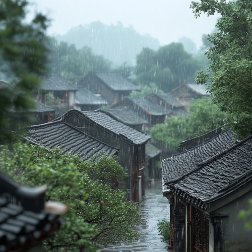 三维古风,超高清,立体写实,雨后天气,潮湿,雨珠,一个古老的中国村庄,覆盖着绿色的树叶和房屋,采用深白色和深灰色,32k,uhd,sonian,网络摄像头摄影,朦胧的气氛,daguerreian,booru的风格,浅景深,镜头光晕,弥散渐变