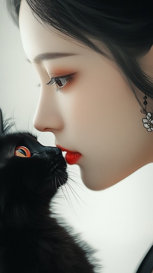 an elegant chinese woman and a black cat , beautiful eyes with long eyelashes , red lips , Jewelry earrings , smooth lines , minimalist , white background , ethereal and Zen , romantic realism ,8k. ar 3:4 v 6.0 s 100