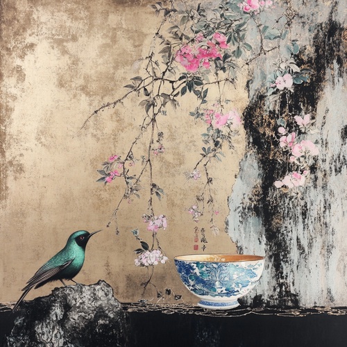 sage, weeds, a tiny emerald bird, beautiful feathers,brown, pink, nice composition, lace, chen jialing,minimalist, cropped composition, gilding, blue andwhite porcelain.