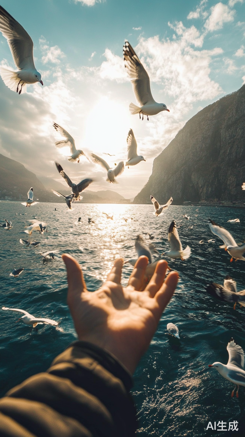 人与海洋和海鸥共舞的瞬间