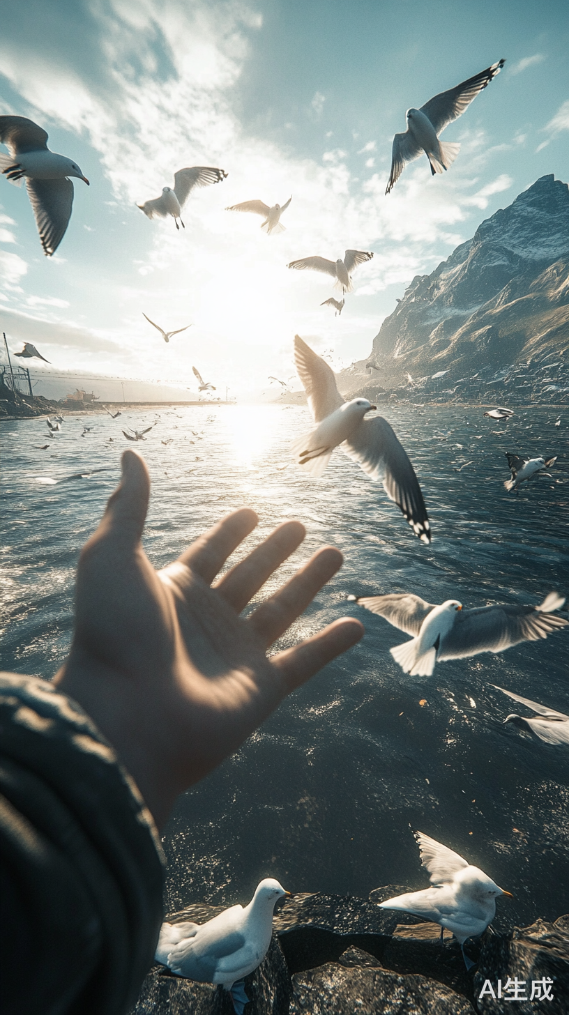 人与海洋和海鸥共舞的瞬间