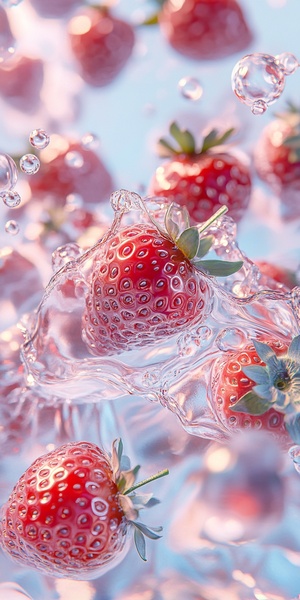 a photo of strawberries and water, light silver and light pink style, anime aesthetic, playful and intricate, berry punk, gorgeous colors, 32k uhd, Karol Bak -