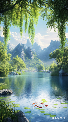 国风山水画卷中的湖水与锦鲤