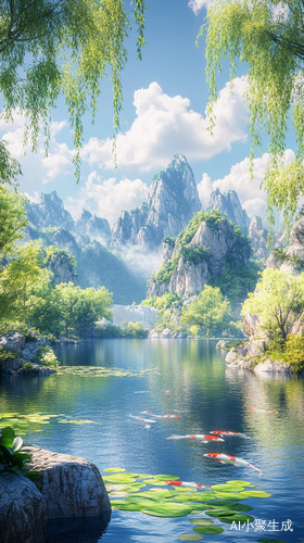 国风山水画卷中的湖水与锦鲤
