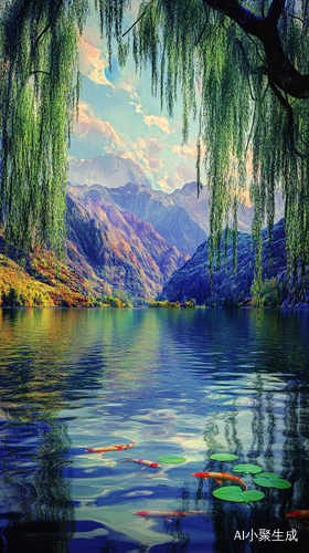 国风山水画卷中的湖水与锦鲤