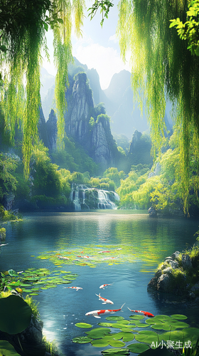 国风山水画卷中的湖水与锦鲤