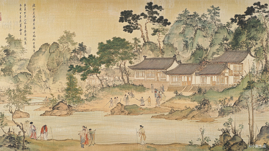 春天的山水画展现农舍中的劳作与自然之美
