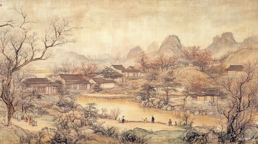 春天的山水画展现农舍中的劳作与自然之美
